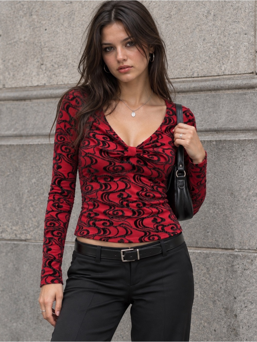 Vintage Y2K Anne Klein Red Black Flocked Velvet Swirl Going Out Top M
